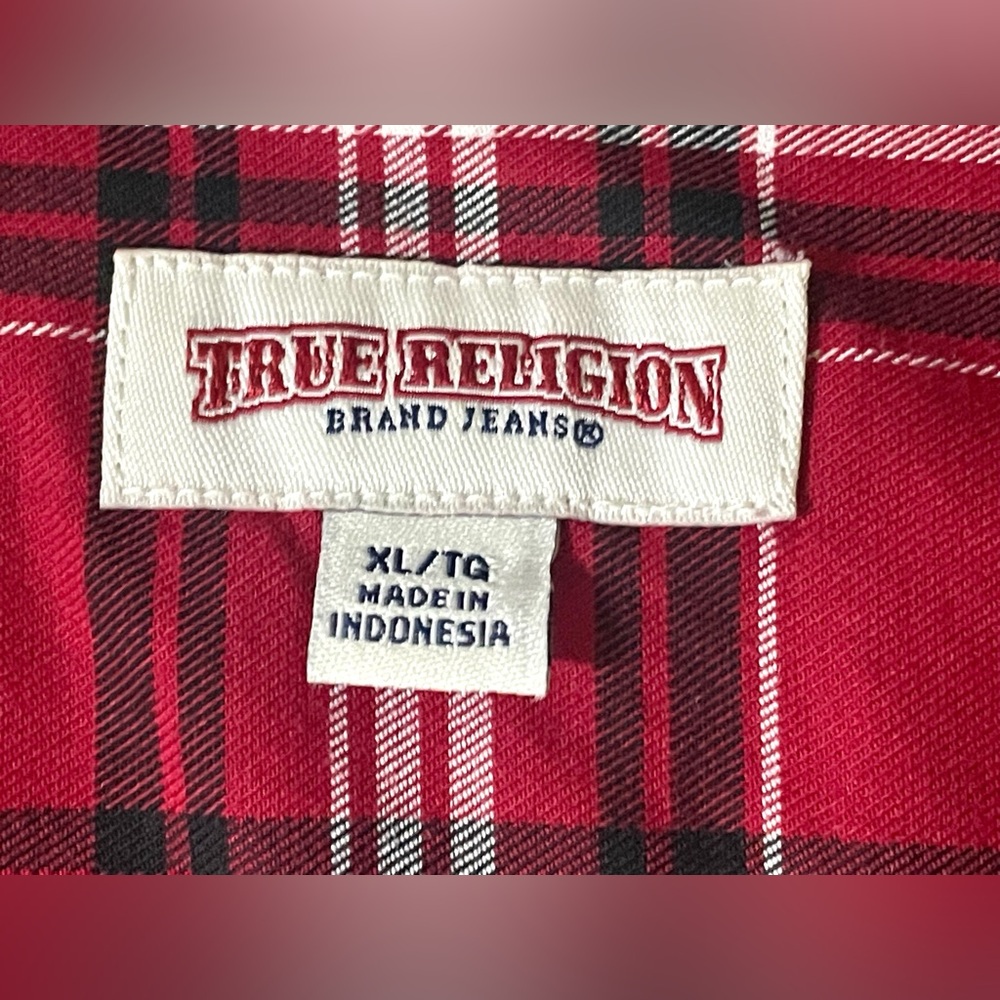 True Religion The Patched Shirt in  Red, black and white Logo long sleeve Sz XL - Picture 4 of 6